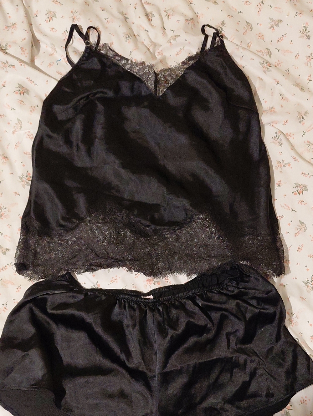 Victoria's Secret Black Satin Lace Cami & Shorts Sleep Set